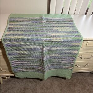 Homemade Green and Purple Striped Crochet Blanket baby toddler twin NEW 27x43”